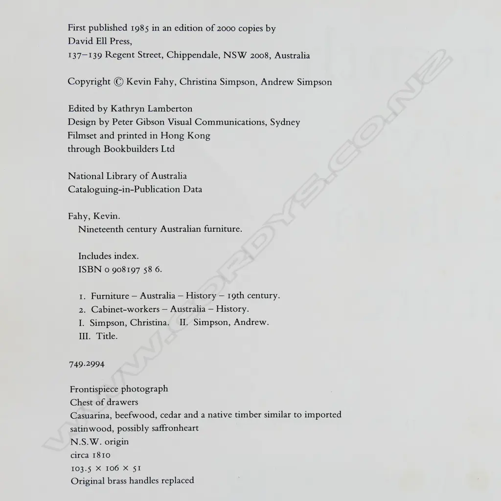 KEVIN FAHY: NINETEENTH CENTURY AUSTRALIAN FURNITURE Image 1++